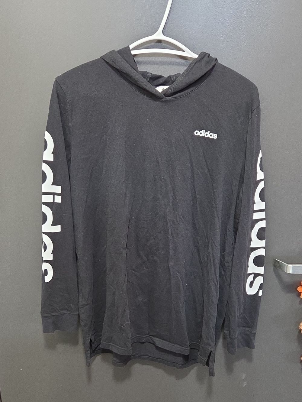 adidas Black Long Sleeve Hoodie Tee with White Sleeve Logos